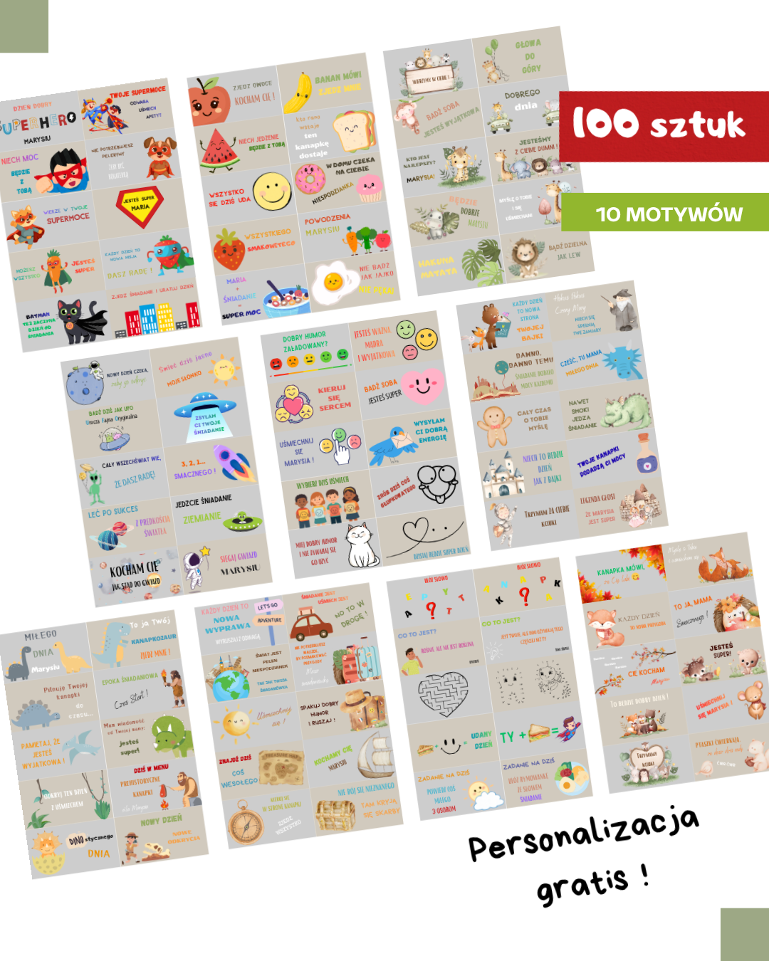 KARTECZKI DO ŚNIADANIÓWKI MOTYWUJACE 100 SZTUK 10 MOTYWÓW
