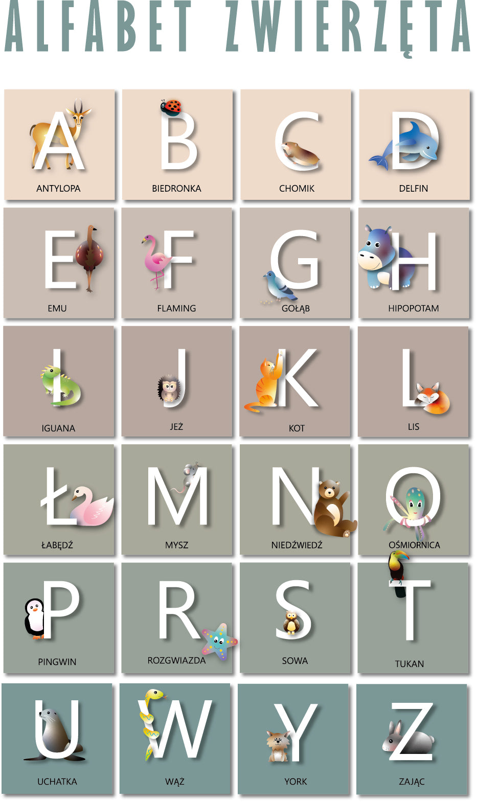 TABLICA EDUKACYJNA ALFABET ZWIERZĘTA PLAKAT FORMAT A3 GRUBY PAPIER 180G