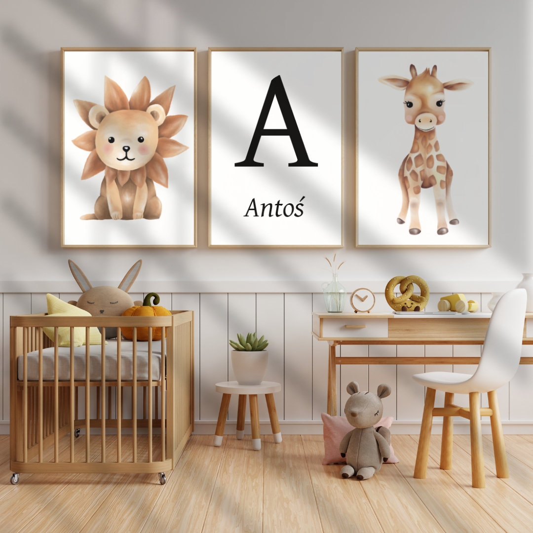 ZESTAW 3 PLAKATÓW PERSONALIZOWANYCH SAFARI LITERA + IMIĘ A3 PAPIER 180G