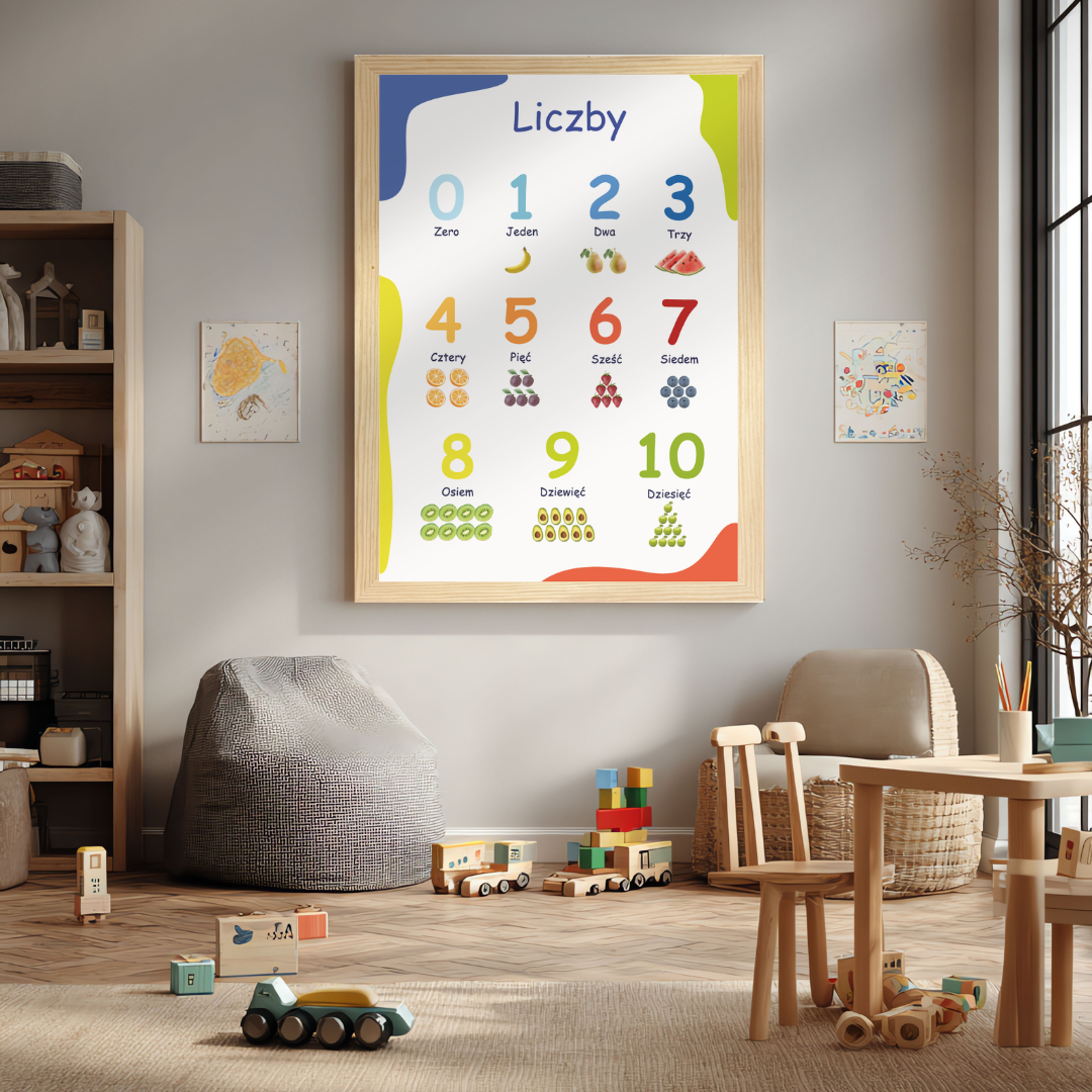 TABLICA EDUKACYJNA LICZBY 0-10 OWOCE KOLORY A3