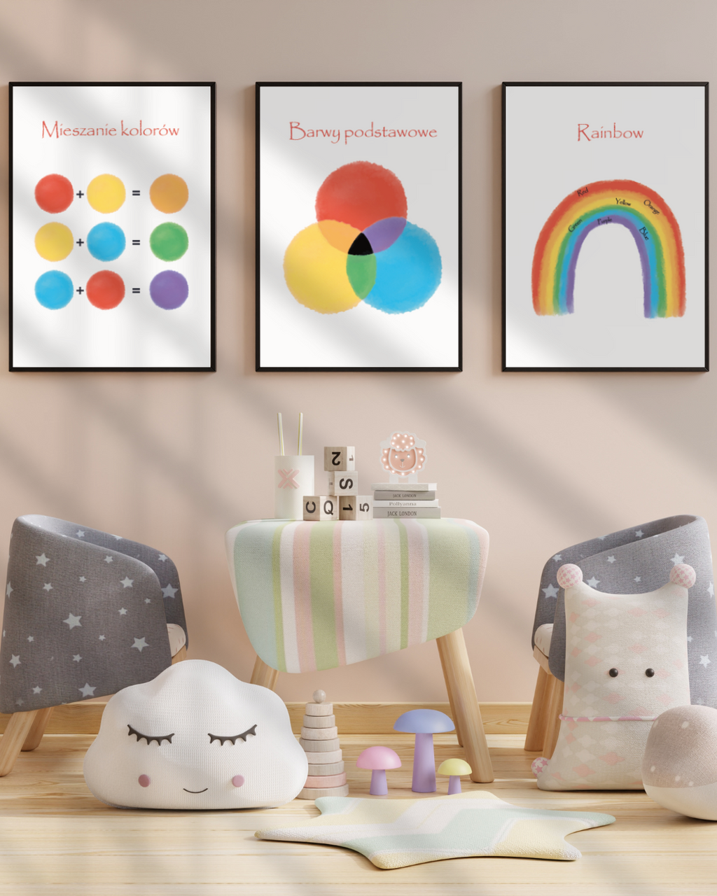 ZESTAW 3 PLAKATÓW EDUKACYJNYCH KOLORY, MIESZANIE BARW, KOLORY PO ANGIELSKU A3
